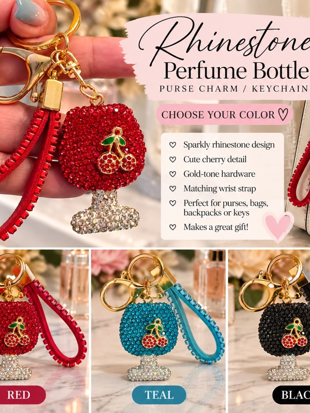 💎 Rhinestone Perfume Bottle Purse Charm / Keychain – Choose Color